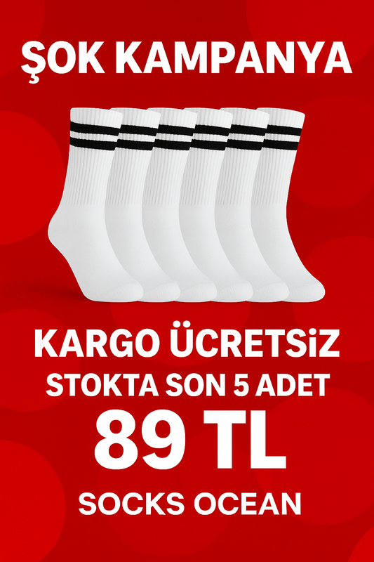 Beyaz Spor Çizgili Uzun Çorap – 6’lı Paket (Unisex)